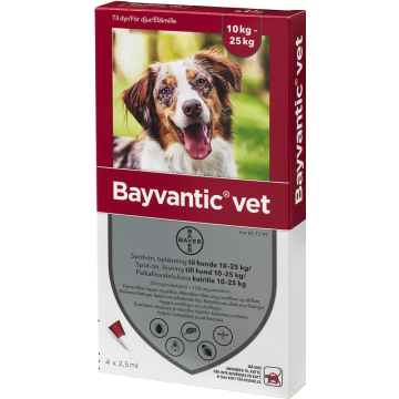 BAYVANTIC VET paikallisvaleluliuos 250/1250 mg koirille 10–25 kg 4 x 2.5 ml